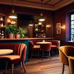 A cozy bar interior with warm, dimmable lighting, velvet armchairs, and round tables, enhanced by potted plants and jazz music playing softly in the background.