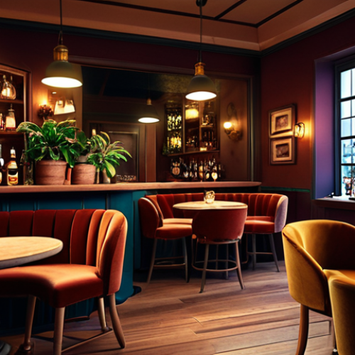 Home 23 A cozy bar interior with warm, dimmable lighting, velvet armchairs, and round tables, enhanced by potted plants and jazz music playing softly in the background.