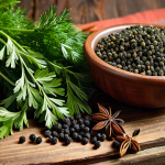 **Image Prompt:** A vibrant and colorful still life featuring traditional Russian spices like black peppercorns, bay leaves, fresh dill, and parsley arranged artfully on a rustic wooden table. Focus on capturing the textures and aromas of the spices, with a soft, diffused light.