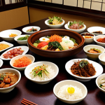 A traditional Korean *Hanjeongsik* table, laden with dozens of small, vibrantly colored dishes (banchan), rice bowls, and a main course. The arrangement reflects the "Five Colors and Five Flavors" philosophy, showcasing a harmonious and abundant spread. The setting is authentic and serene, with soft, inviting lighting, emphasizing the ritualistic and artistic presentation of the meal. A sense of timeless tradition and culinary philosophy is conveyed.