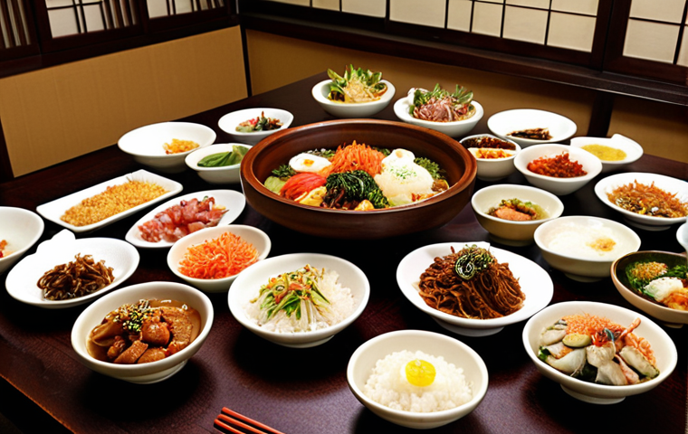 A traditional Korean *Hanjeongsik* table, laden with dozens of small, vibrantly colored dishes (banchan), rice bowls, and a main course. The arrangement reflects the "Five Colors and Five Flavors" philosophy, showcasing a harmonious and abundant spread. The setting is authentic and serene, with soft, inviting lighting, emphasizing the ritualistic and artistic presentation of the meal. A sense of timeless tradition and culinary philosophy is conveyed.
