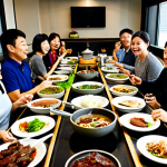 A professional wide-angle shot of a group of diverse adults and families enjoying an authentic Korean BBQ meal in a modern, clean restaurant. They are seated around tables with built-in grills, actively cooking marinated meats. Various banchan (side dishes) and fresh lettuce wraps are neatly arranged on the table. The atmosphere is warm, inviting, and filled with a sense of communal joy and interaction. Subjects are fully clothed, in modest, appropriate attire. The scene emphasizes healthy, delicious food and family-friendly dining. Perfect anatomy, correct proportions, natural pose, well-formed hands, proper finger count, natural body proportions. Professional photography, high quality, realistic, natural lighting, safe for work, appropriate content, fully clothed, professional, family-friendly.