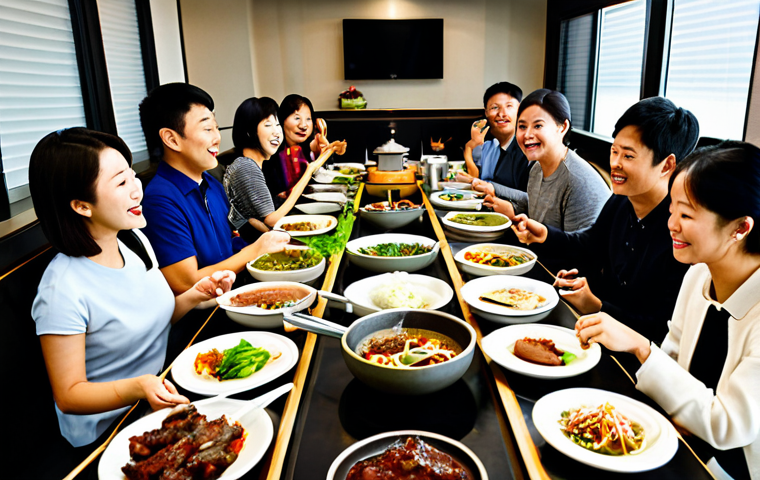 A professional wide-angle shot of a group of diverse adults and families enjoying an authentic Korean BBQ meal in a modern, clean restaurant. They are seated around tables with built-in grills, actively cooking marinated meats. Various banchan (side dishes) and fresh lettuce wraps are neatly arranged on the table. The atmosphere is warm, inviting, and filled with a sense of communal joy and interaction. Subjects are fully clothed, in modest, appropriate attire. The scene emphasizes healthy, delicious food and family-friendly dining. Perfect anatomy, correct proportions, natural pose, well-formed hands, proper finger count, natural body proportions. Professional photography, high quality, realistic, natural lighting, safe for work, appropriate content, fully clothed, professional, family-friendly.