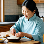 A serene scene featuring an older Korean woman and a younger woman, both fully clothed in modest, comfortable home attire, gently shaping vibrant songpyeon rice cakes together. They are seated at a wooden table in a warm, clean kitchen, filled with natural light, alongside bowls of various colorful ingredients. Perfect anatomy, correct proportions, natural pose, well-formed hands, proper finger count, natural body proportions. High-quality professional photography, soft lighting, family-friendly, appropriate content, safe for work, fully clothed.