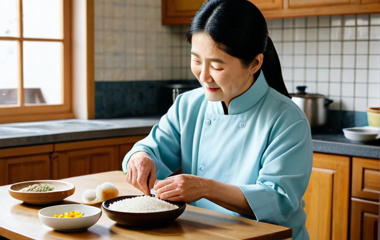 A serene scene featuring an older Korean woman and a younger woman, both fully clothed in modest, comfortable home attire, gently shaping vibrant songpyeon rice cakes together. They are seated at a wooden table in a warm, clean kitchen, filled with natural light, alongside bowls of various colorful ingredients. Perfect anatomy, correct proportions, natural pose, well-formed hands, proper finger count, natural body proportions. High-quality professional photography, soft lighting, family-friendly, appropriate content, safe for work, fully clothed.