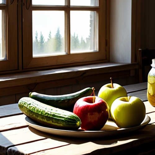 Home 12 "A rustic wooden table laden with traditional Russian fermented foods: a crock of sauerkraut, a jar of pickled cucumbers, a pitcher of kvass, and a bowl of pickled apples. Sunlight streams through a window, illuminating the scene. safe for work, appropriate content, fully clothed, professional, perfect anatomy, natural proportions, high quality."