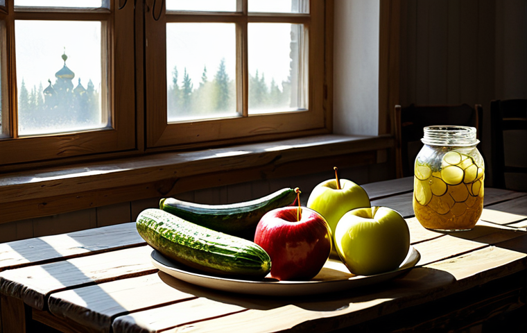 "A rustic wooden table laden with traditional Russian fermented foods: a crock of sauerkraut, a jar of pickled cucumbers, a pitcher of kvass, and a bowl of pickled apples. Sunlight streams through a window, illuminating the scene. safe for work, appropriate content, fully clothed, professional, perfect anatomy, natural proportions, high quality."