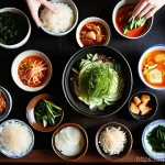 한식의 효능과 건강 효과 - **A Vibrant Korean Home-Cooked Meal Spread:** A brightly lit, overhead shot of a traditional Korean ...