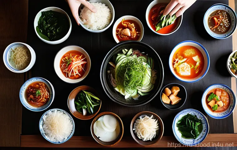 한식의 효능과 건강 효과 - **A Vibrant Korean Home-Cooked Meal Spread:** A brightly lit, overhead shot of a traditional Korean ...