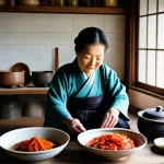 전통 한식과 퓨전 한식 비교 - **Prompt:** A cozy and inviting traditional Korean kitchen, bathed in warm, soft sunlight streaming ...