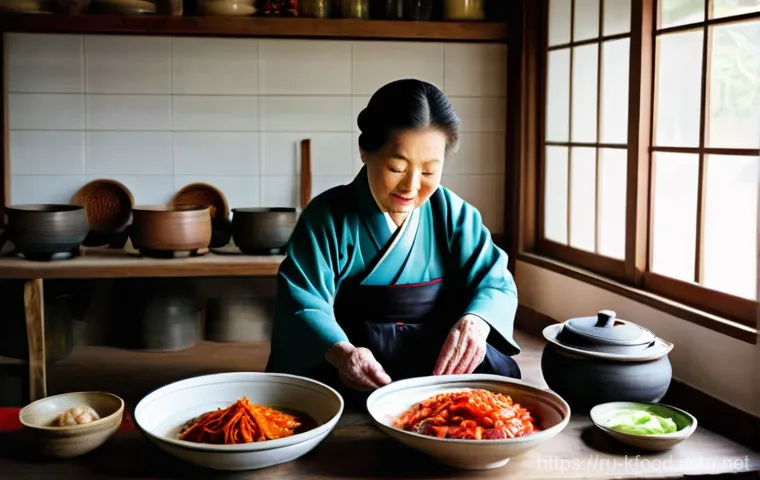 전통 한식과 퓨전 한식 비교 - **Prompt:** A cozy and inviting traditional Korean kitchen, bathed in warm, soft sunlight streaming ...