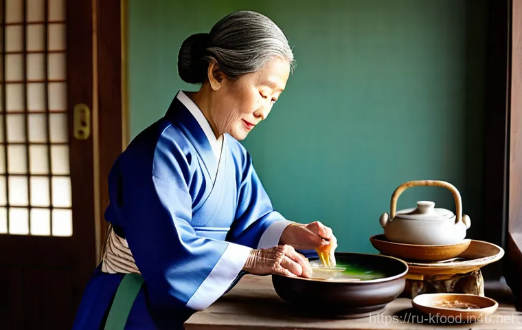 한식 약선 요리 소개 - **Prompt 1: "The Art of Yakseon Soup Preparation"**
A highly detailed, realistic image of an eld...