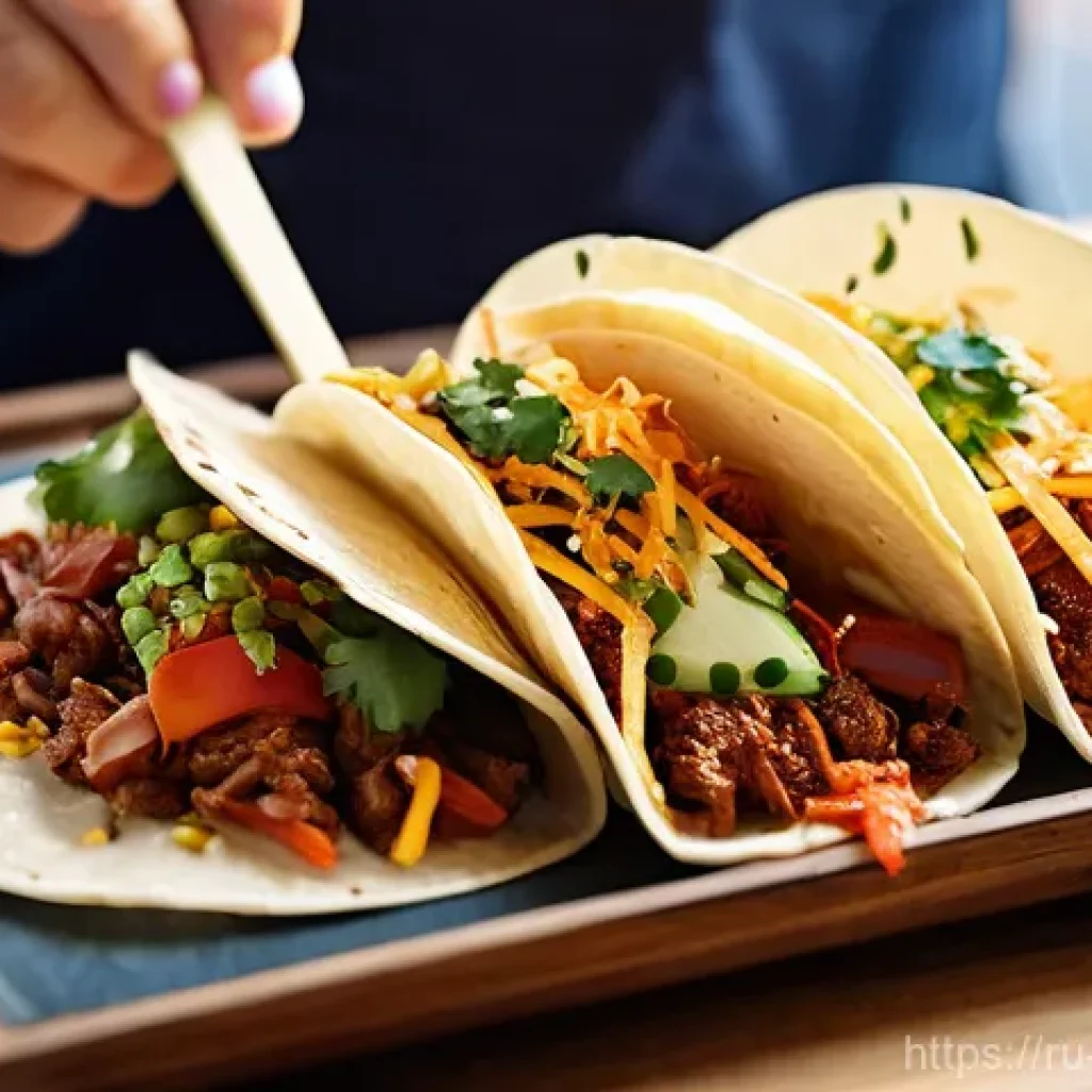 퓨전 한식 메뉴 소개 - **Vibrant Kimchi Taco Fusion:** A close-up, mouth-watering shot of several Korean kimchi tacos arran...
