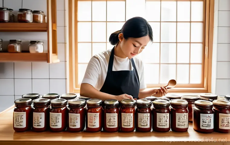 한식 고추장 제조사별 특징 - **Prompt:** A visually rich and diverse display of various Gochujang (Korean chili paste) jars on a ...