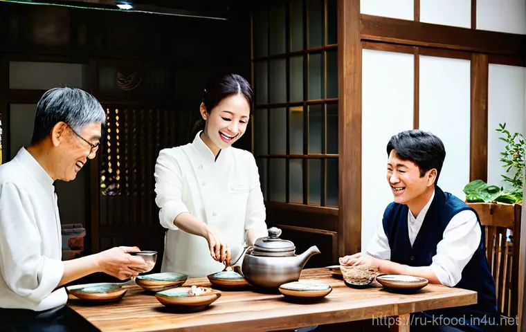 한식 전통주 추천 - **Prompt:** A lively and respectful Korean social gathering at a traditional wooden table in a warml...