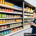 Home 16 한식 반찬 시장 트렌드 - A vibrant Korean snack market scene in a modern Russian urban setting, showcasing shelves filled wit...
