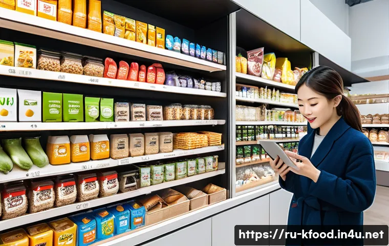 한식 반찬 시장 트렌드 - A vibrant Korean snack market scene in a modern Russian urban setting, showcasing shelves filled wit...