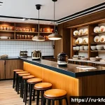 Home 21 한식 맛집의 인기 메뉴 분석 - A vibrant Korean restaurant interior in Moscow, combining traditional wooden elements and modern min...