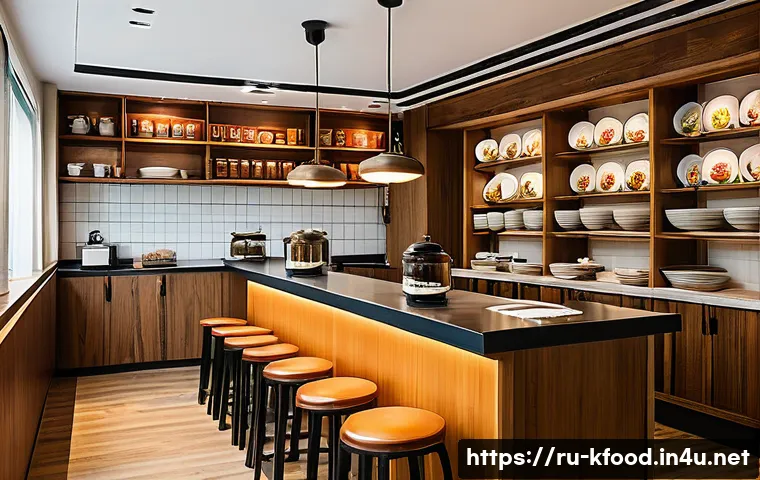 한식 맛집의 인기 메뉴 분석 - A vibrant Korean restaurant interior in Moscow, combining traditional wooden elements and modern min...