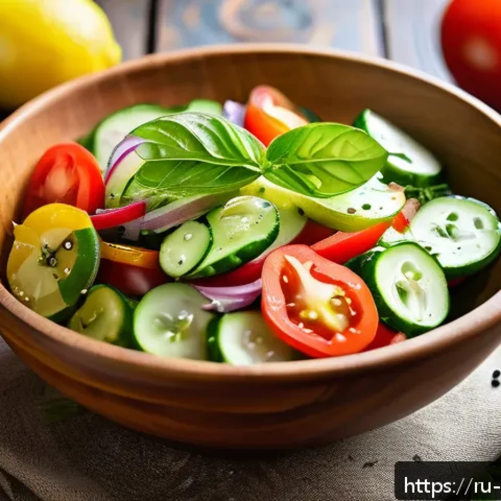 한식 저염식 반찬 - A vibrant and fresh vegetable salad displayed on a rustic wooden table, featuring sliced cucumbers, ...