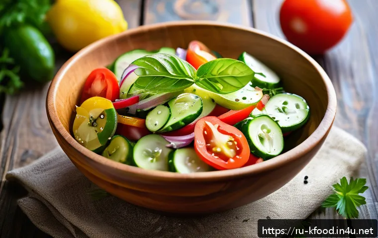 한식 저염식 반찬 - A vibrant and fresh vegetable salad displayed on a rustic wooden table, featuring sliced cucumbers, ...