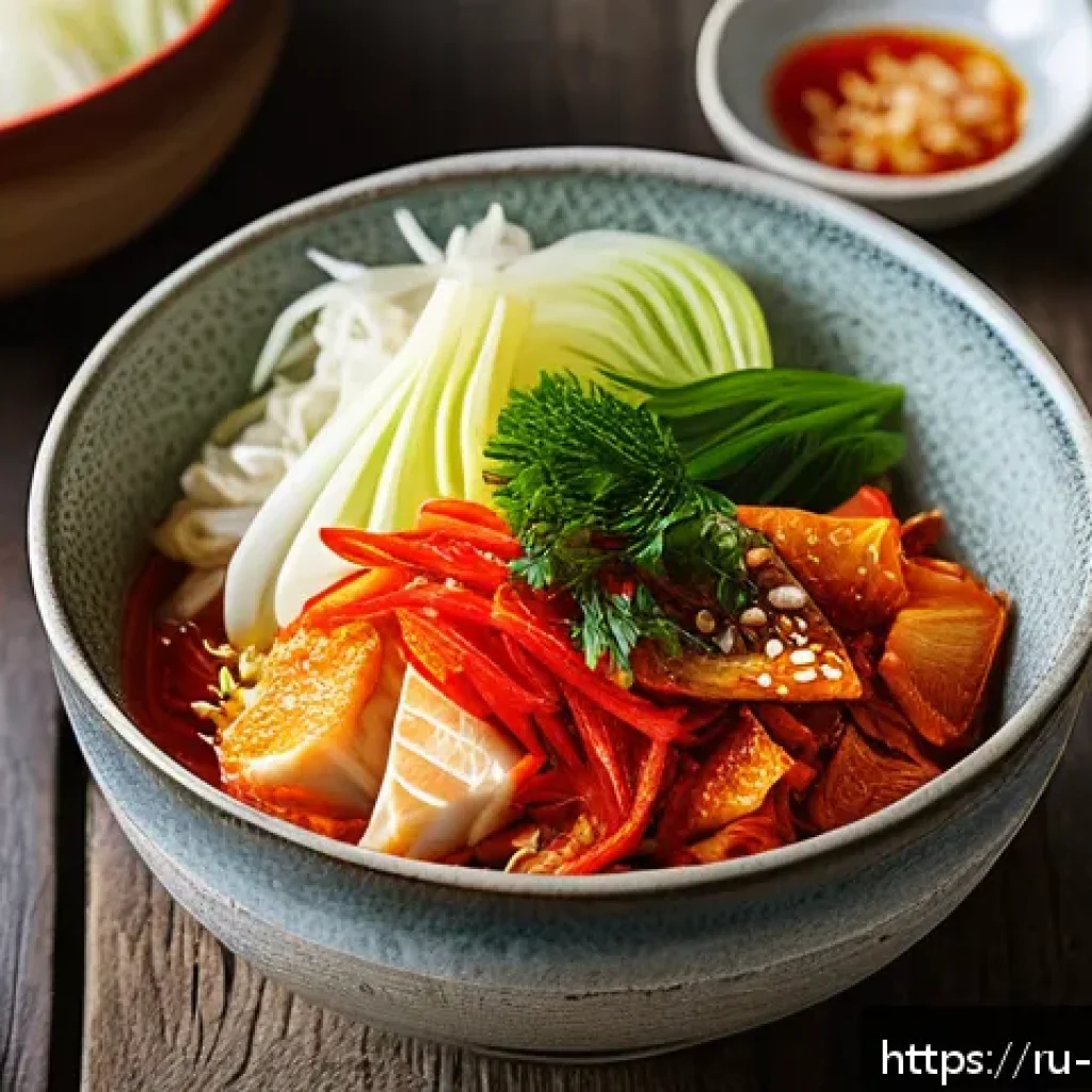 한식 김치 종류와 영양 정보 - A vibrant, close-up image of a traditional kimchi bowl featuring napa cabbage, bright red chili flak...