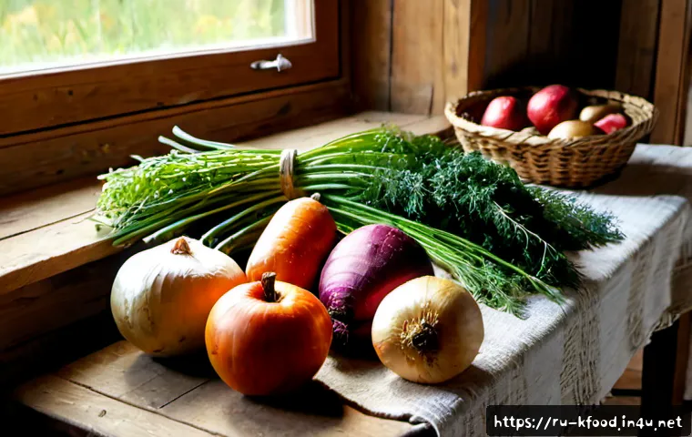 Home 17 한식 식재료의 계절성 - Photorealistic autumn kitchen table in a Russian countryside home, freshly harvested beetroot, cabba...