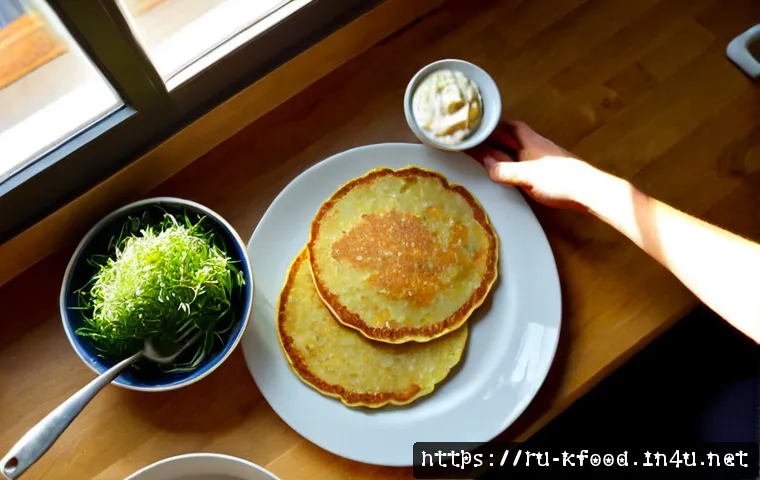 집에서 간단히 만드는 한식 - Photorealistic overhead view of a simple homemade Russian meal being prepared in a bright apartment ...